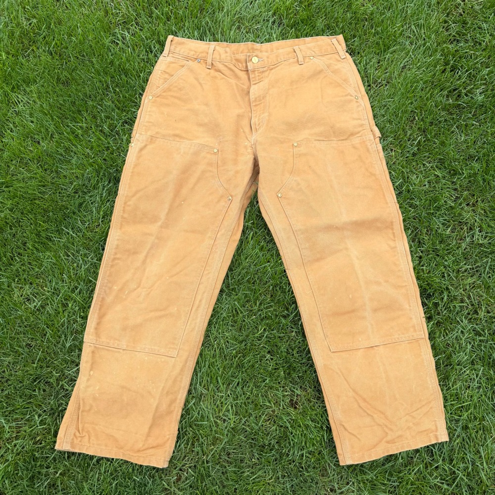 A- Carhartt B01 Double Front Logger Work Pants Mens 38x28 Brown Duck Canvas USA